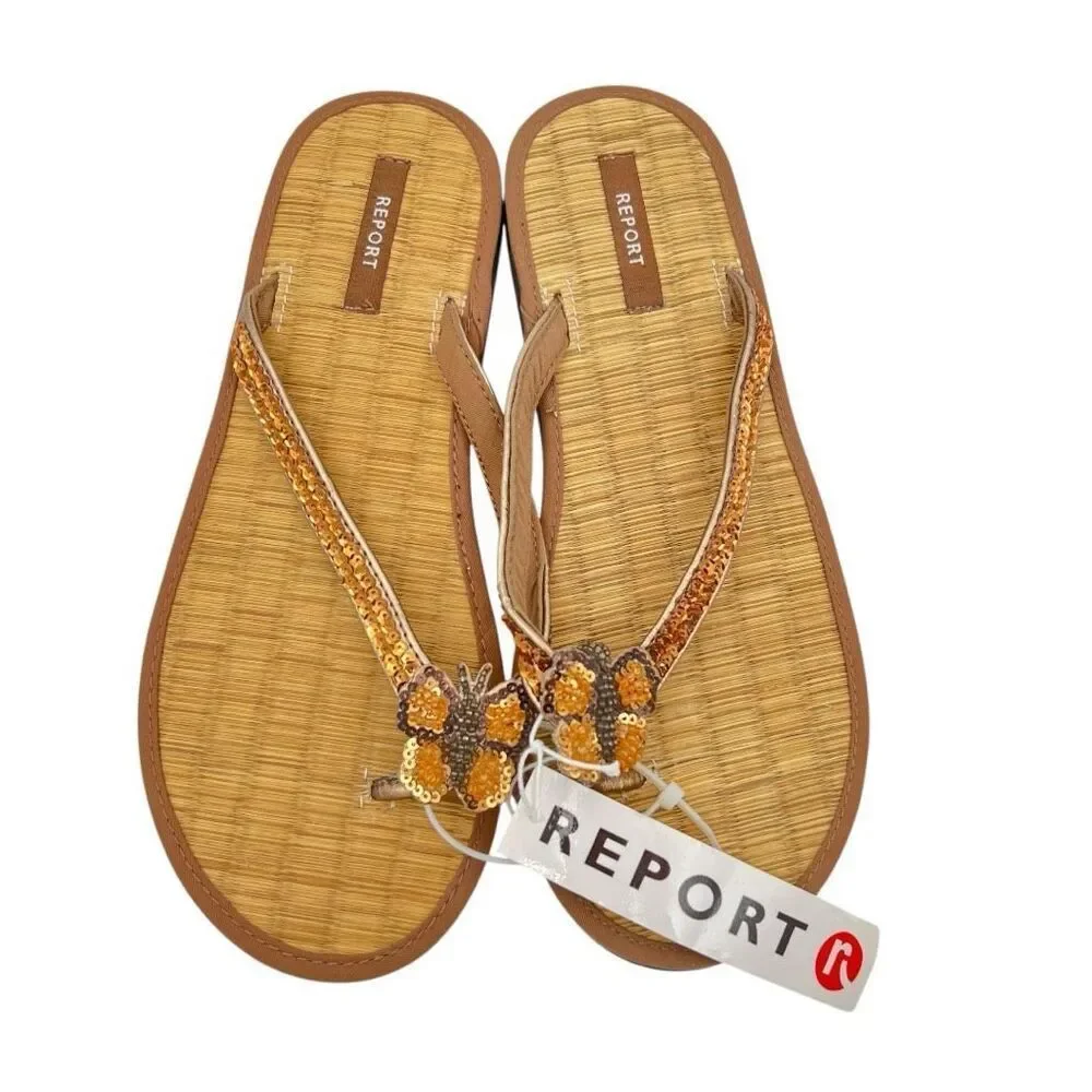 NWT REPORT Women's Katy Sequined Butterfly Flip Flop Sandals Bronze Size 9M